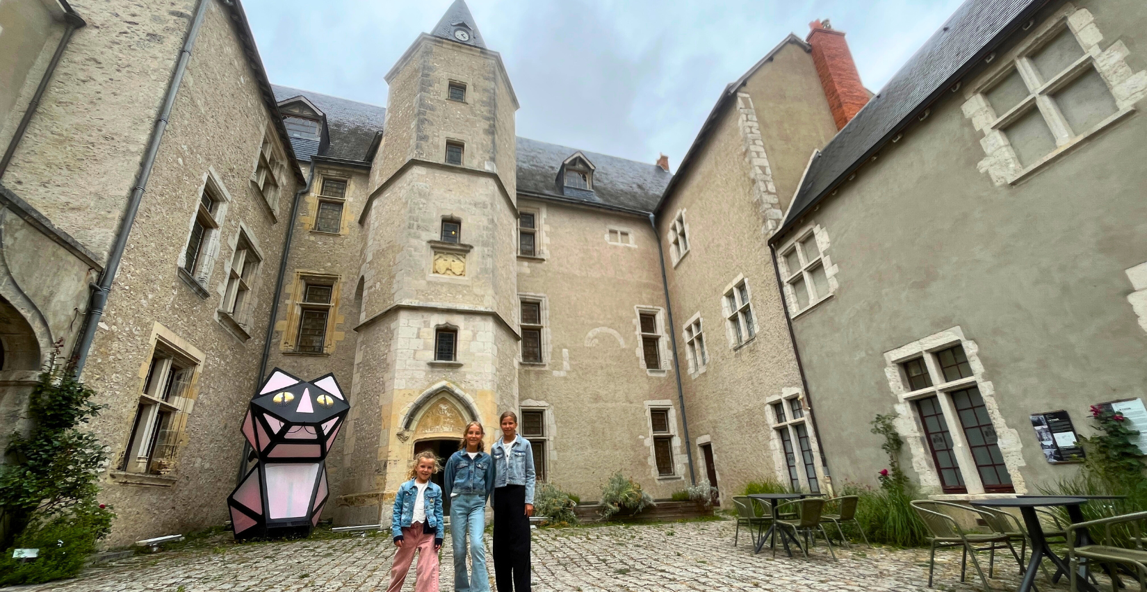façade du château de Lumières de Beaugency avec chat lumineux