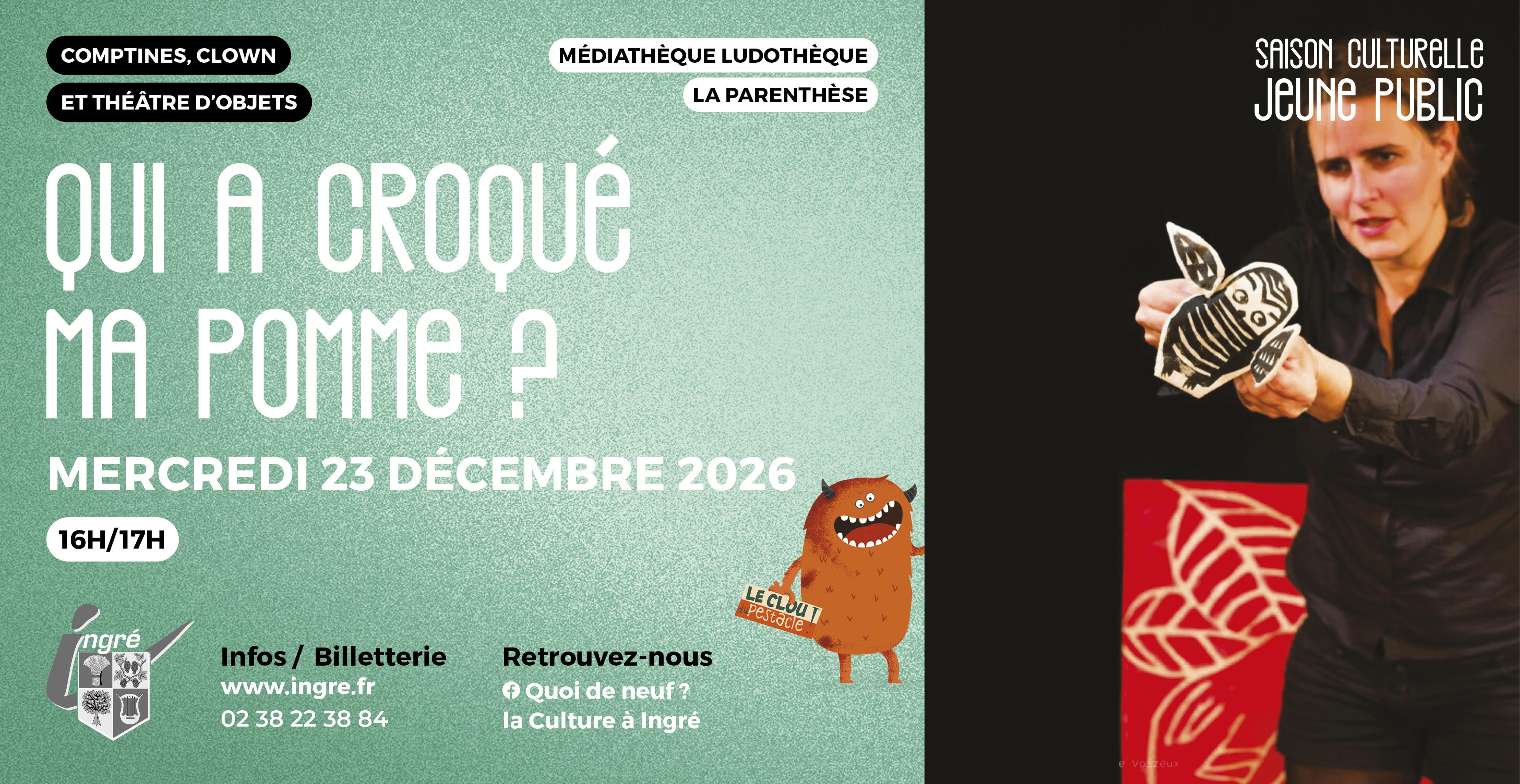 Qui a croqué ma pomme ? Comptines, clown et théâtre d'objets. Spectacle très jeune public à Ingré "Qui a croqué ma pomme ?" Comptines, clown et théâtre d'objets. Spectacle très jeune public à Ingré