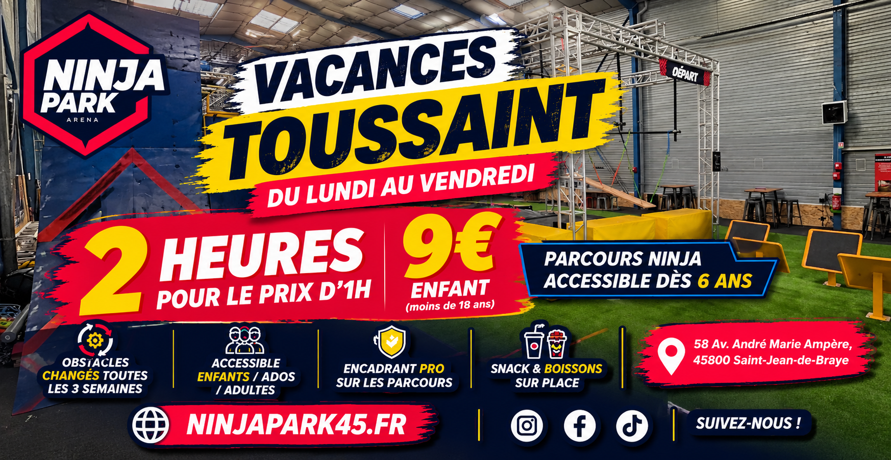  Vacances de la Toussaint : 2 heures pour le prix d’1 à Ninja Park Arena à Saint-Jean-de-Braye